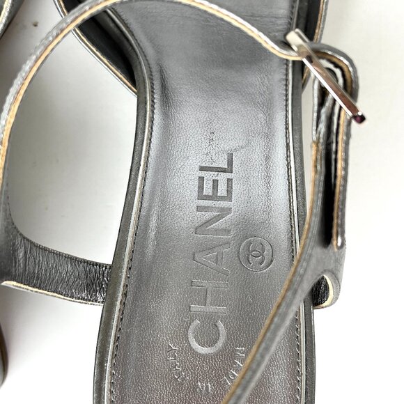 Authentic CHANEL Pearl CC Logo Silver Leather 2016 Wedge Sandals 38.5C 8 - Picture 8 of 15